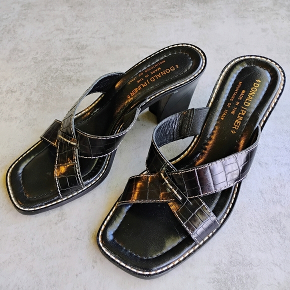 Donald J Pliner Viru Sandals Womens 6.5 Black Kogi Square Open Toe 3" Heel Italy - Picture 1 of 12